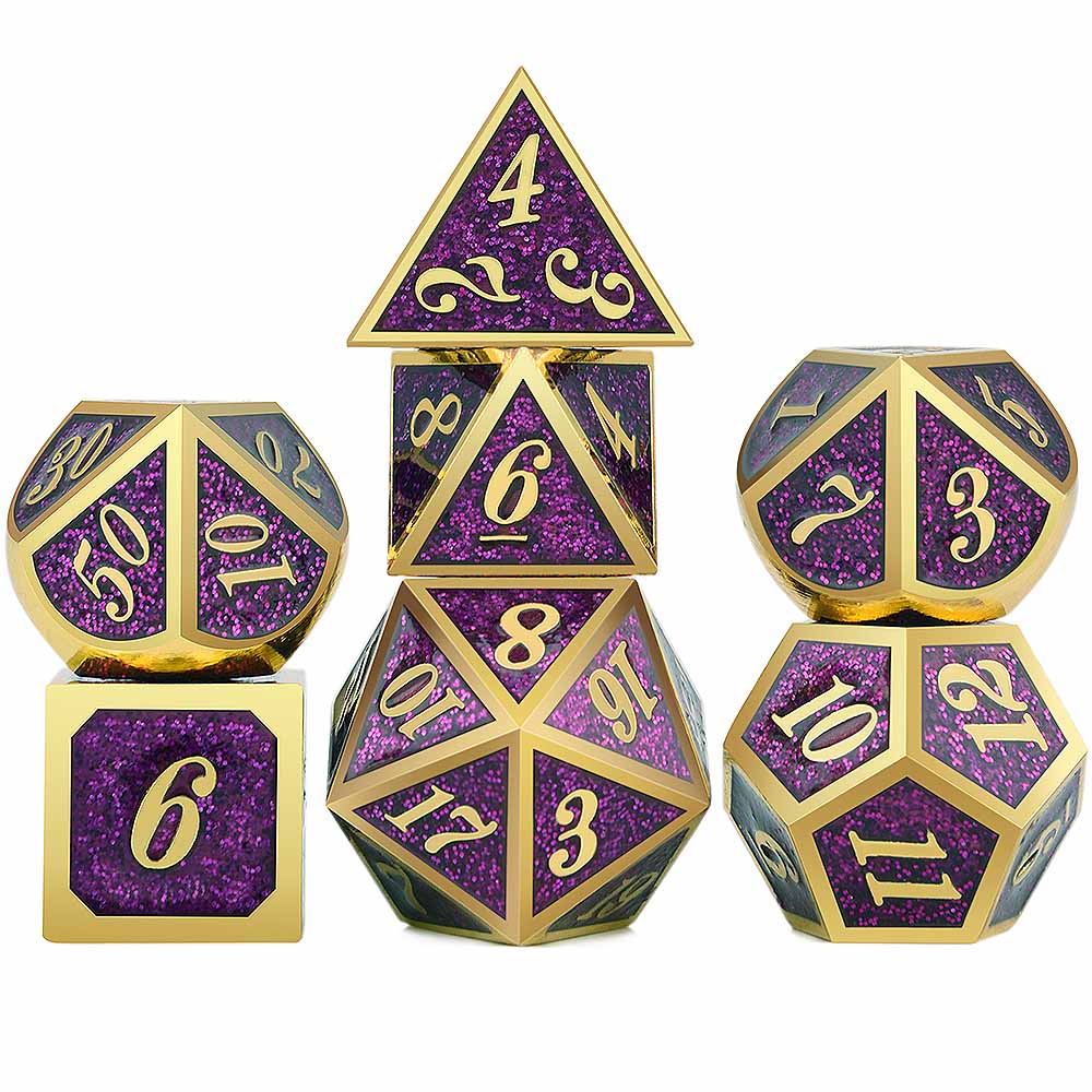 Set of purple and gold polyhedral dice on a white background