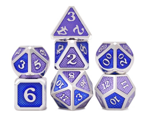 Set of blue and silver polyhedral dice on a white background