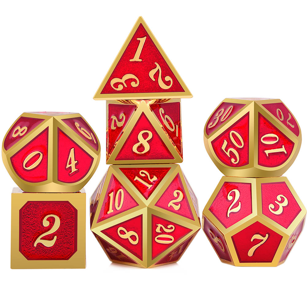 Set of red and gold polyhedral dice on a white background