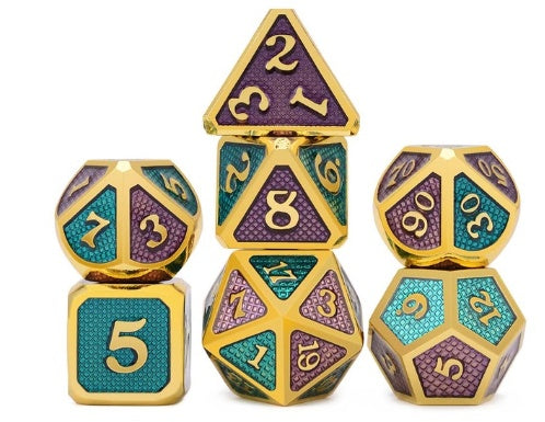 Set of polyhedral dice with gold, purple, and teal colors on a white background