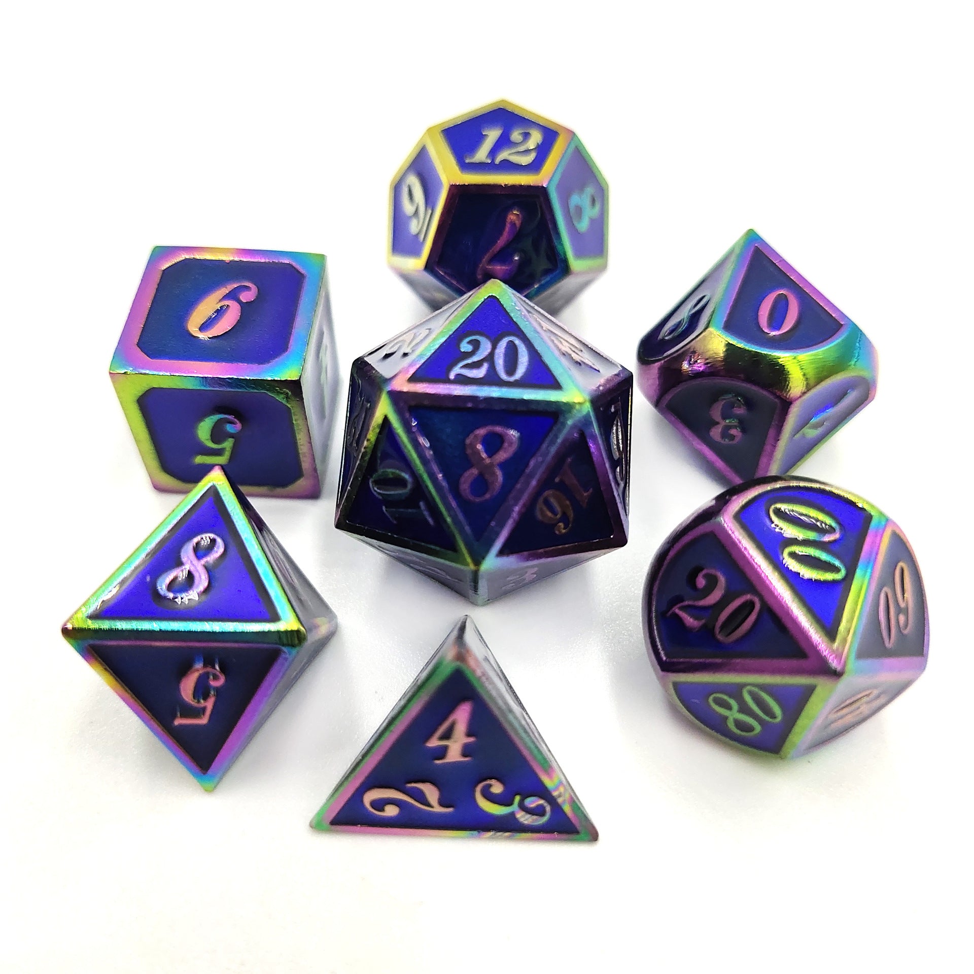Set of metallic dice with purple and blue numbers on a white background