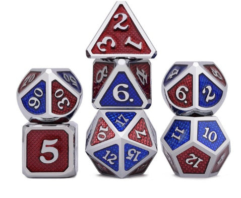 Set of metal polyhedral dice with red, blue, and silver colors on a white background