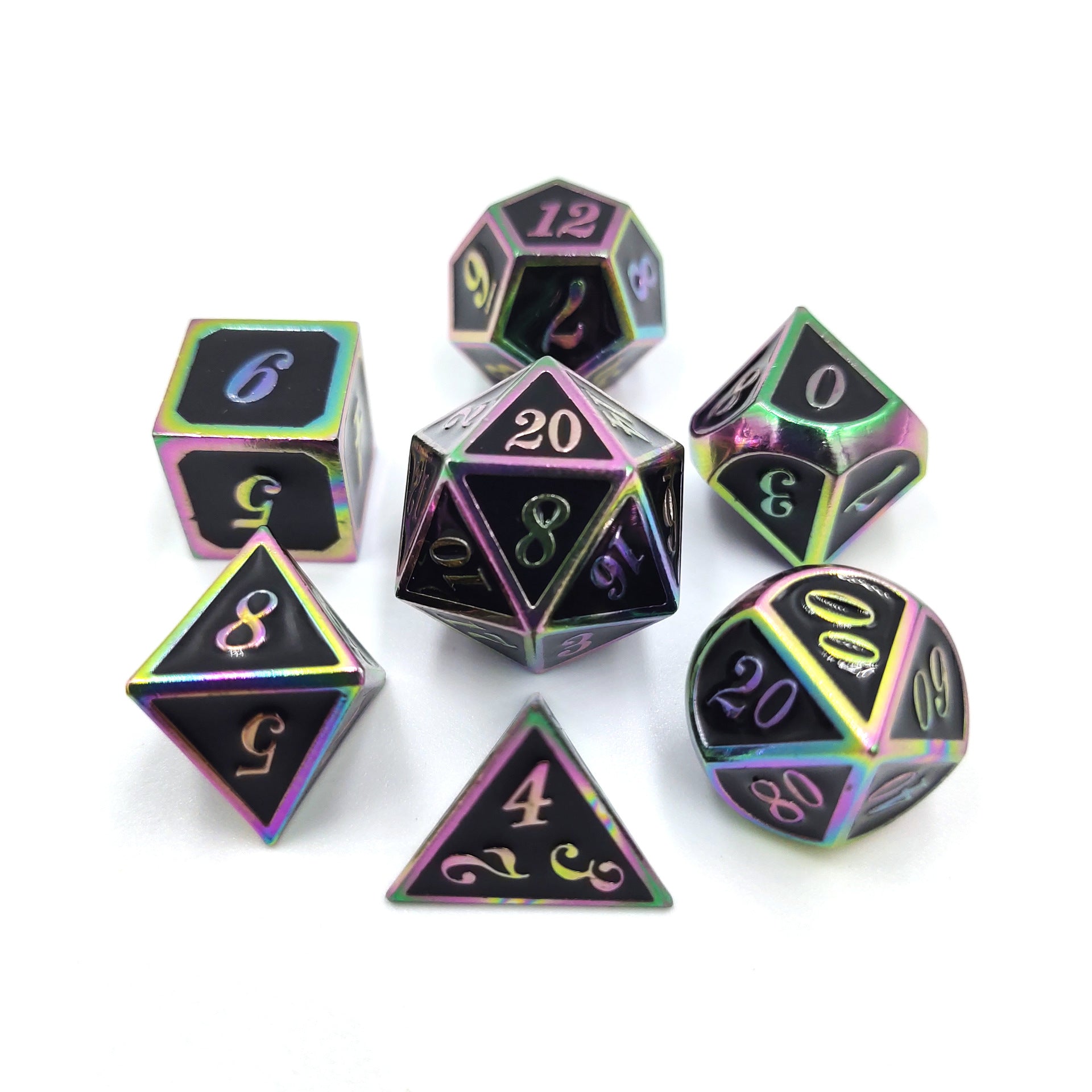 Set of metallic dice with rainbow luster on a white background