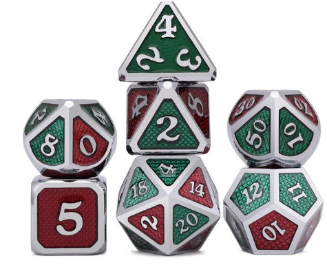 Set of polyhedral dice with green and red faces on a white background