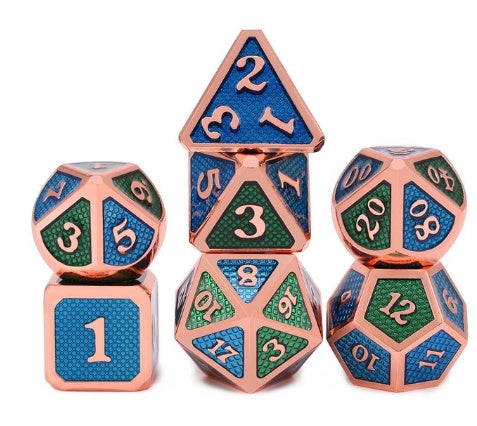 Set of polyhedral dice with rose gold, blue, and green colors on a white background