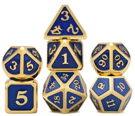 Set of blue and gold polyhedral dice on a white background