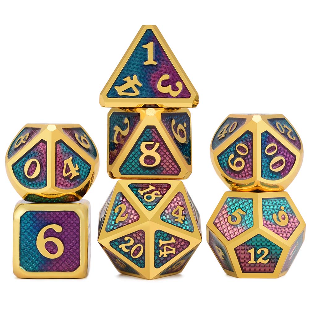 Set of colorful polyhedral dice with gold edges on a white background