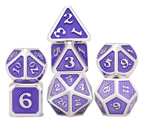 Set of purple and silver polyhedral dice on a white background