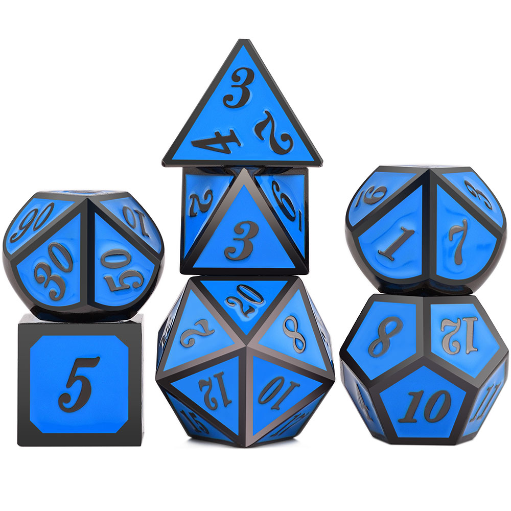 Set of blue and black polyhedral dice on a white background