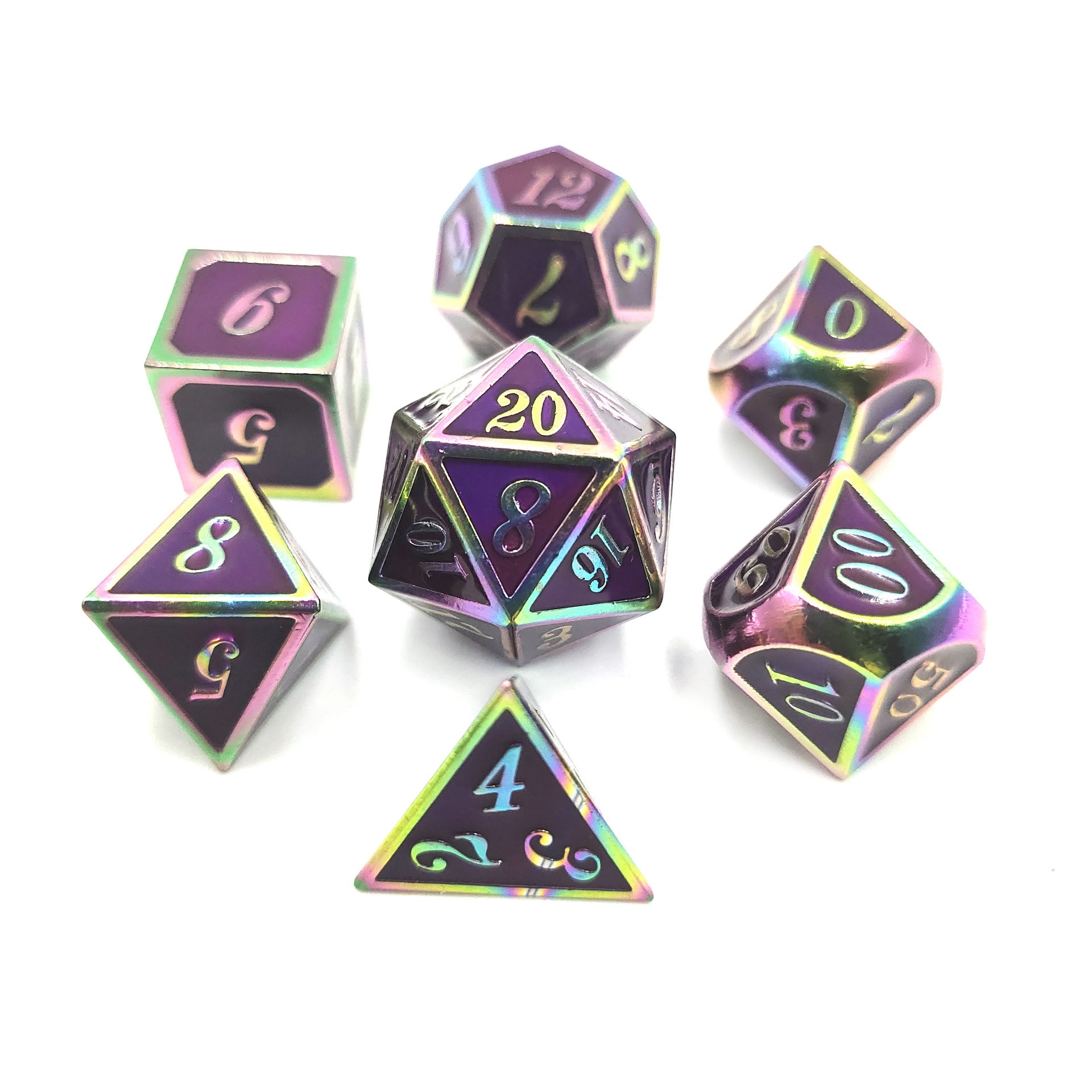 Set of metallic dice with purple and rainbow colors on a white background