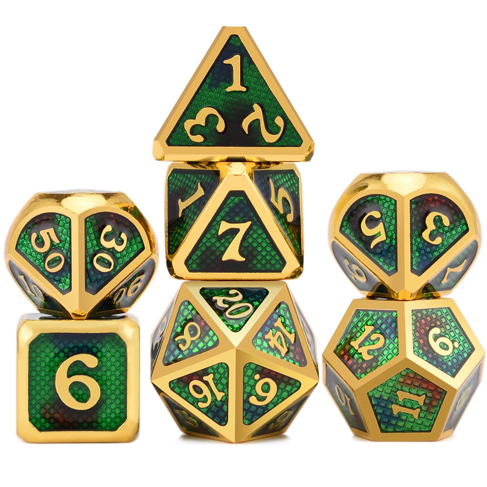 Set of gold and green polyhedral dice on a white background