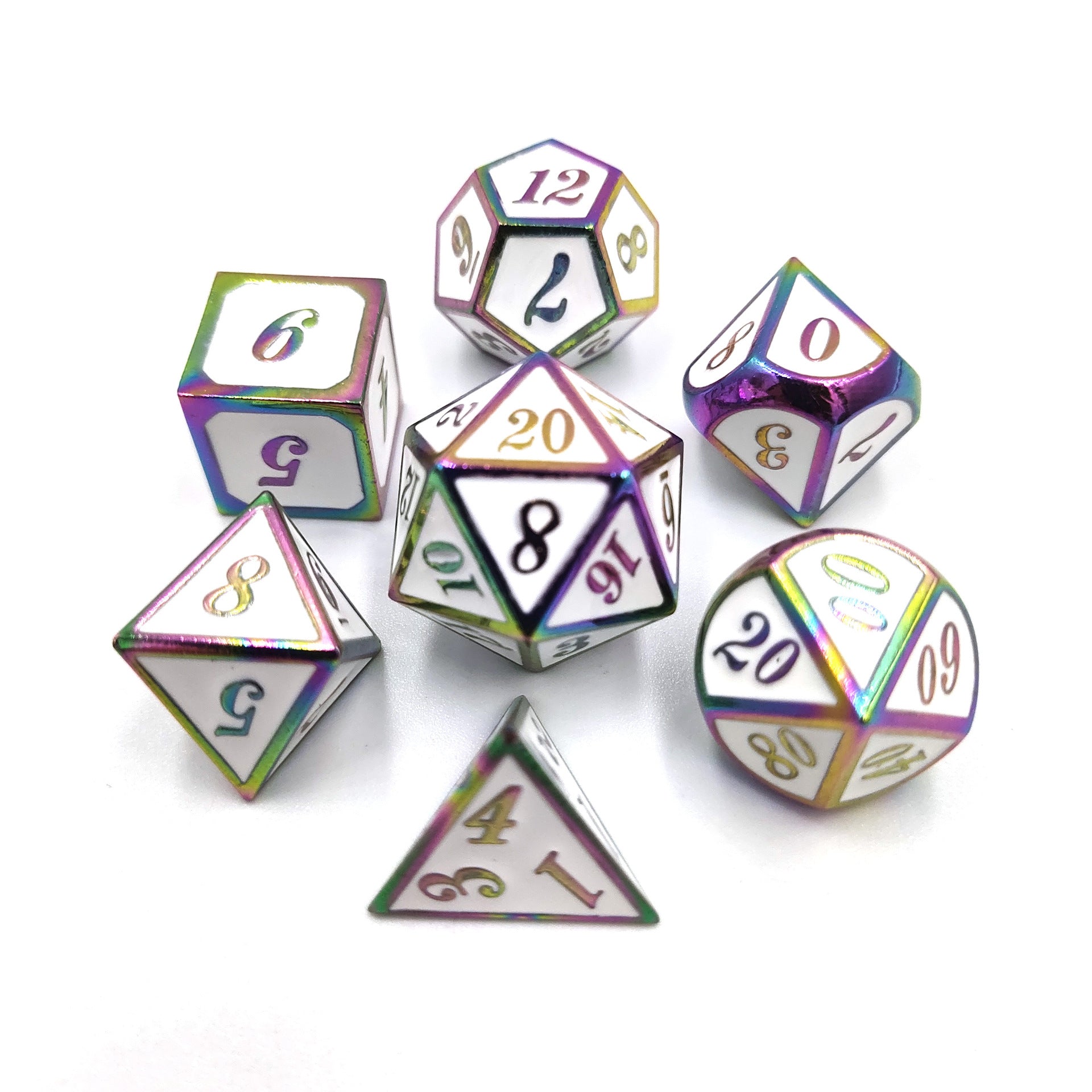 Set of metallic dice with rainbow iridescent finish on a white background