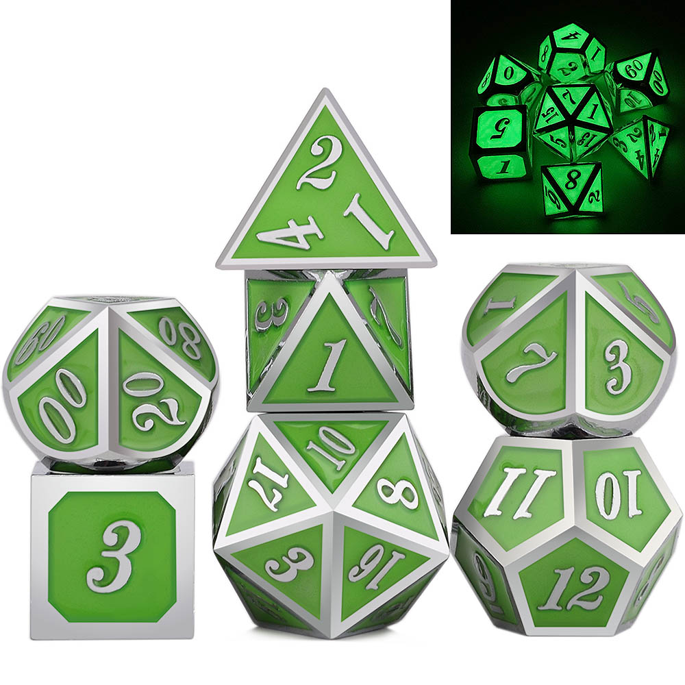 Set of green and silver polyhedral dice with a close-up inset showing glowing effect.