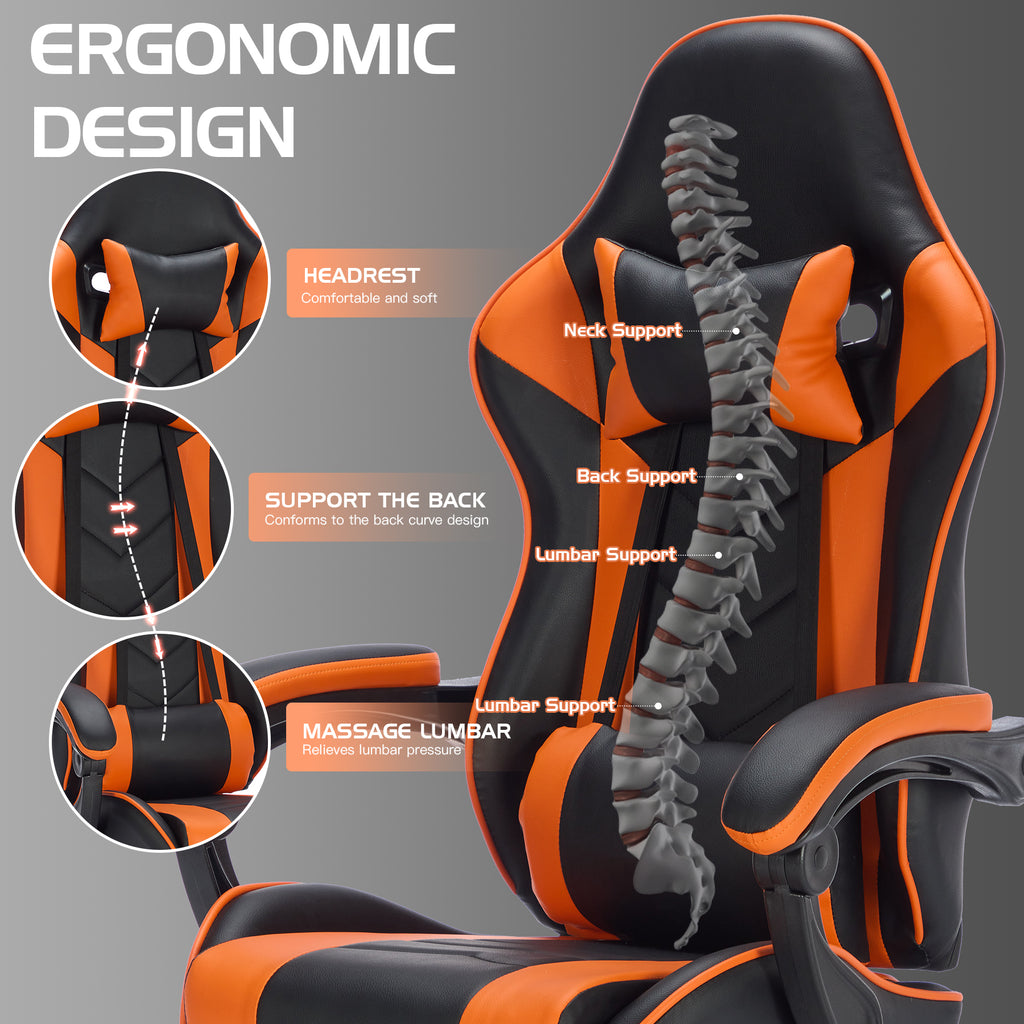 Gaming Ergonomic Chair with Footrest, Black Orange