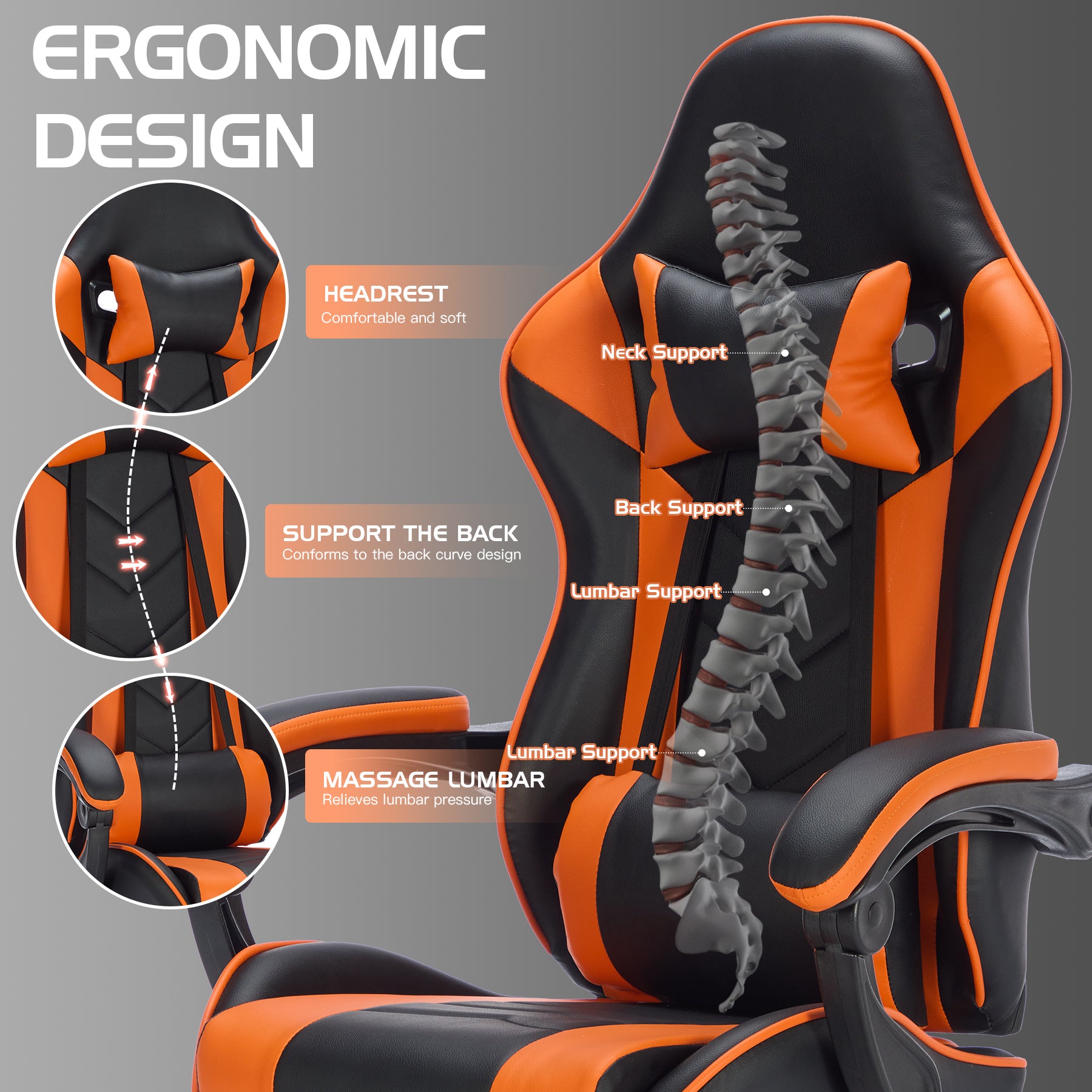 Gaming Ergonomic Chair with Footrest, Black Orange