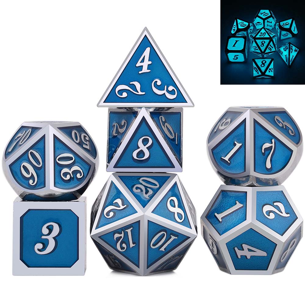 Set of blue and silver polyhedral dice with glowing effect on a white background