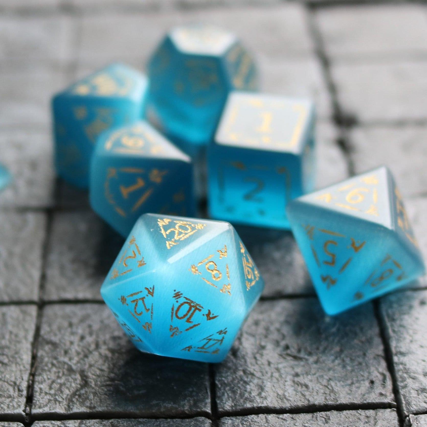 Dragon Shield Blue Cats Eye Stone Gemstone DND Dice Set