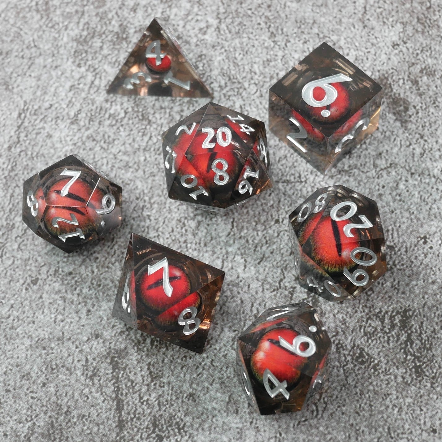 Smaug's Eye — 7-Piece Moving Eye DnD Dice Set | Sharp Edge Acrylic
