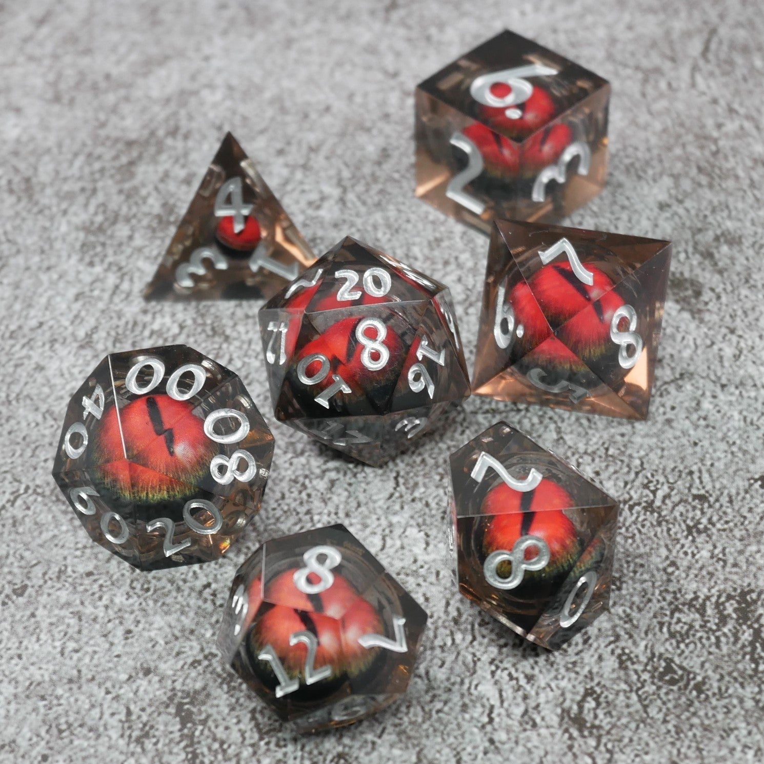 Smaug's Eye — 7-Piece Moving Eye DnD Dice Set | Sharp Edge Acrylic