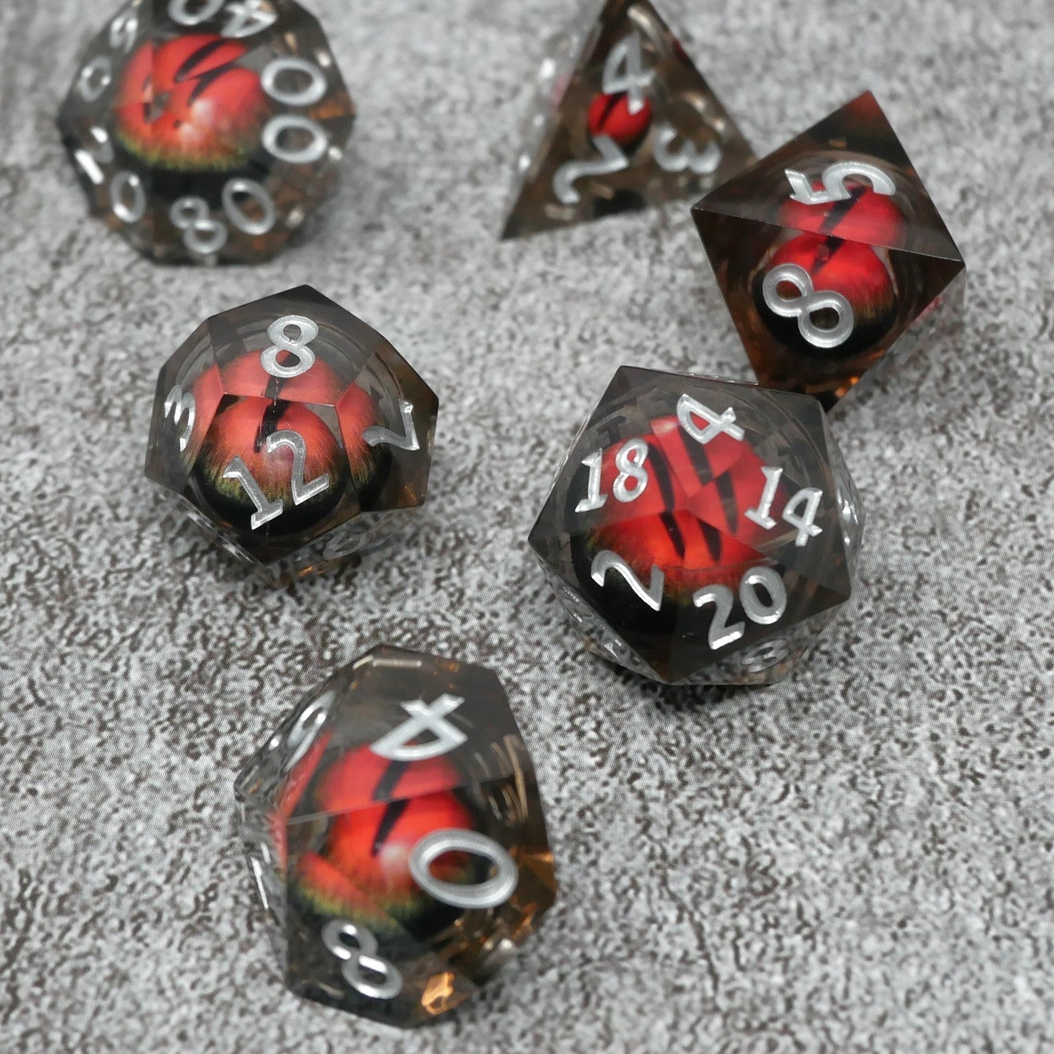 Smaug's Eye — 7-Piece Moving Eye DnD Dice Set | Sharp Edge Acrylic