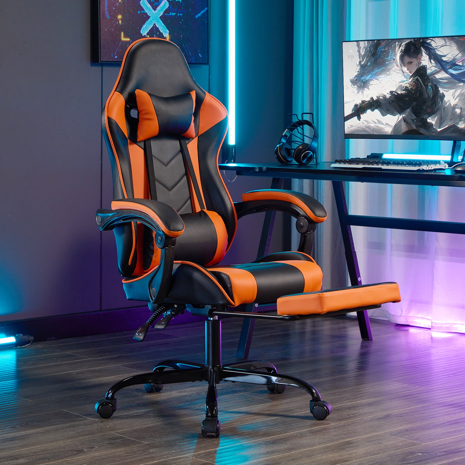 Gaming Ergonomic Chair with Footrest, Black Orange