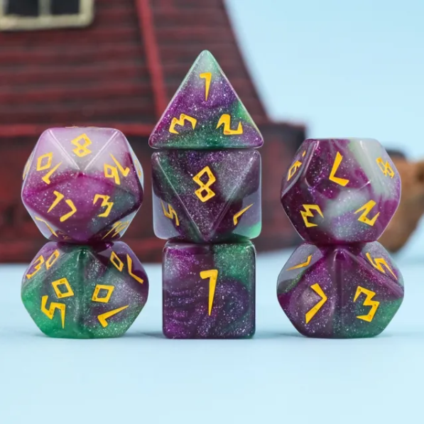 Violet Garden Dice 7-Dice Set | Purple and Green Acrylic Glitter Primitive Font