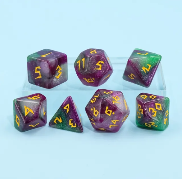 Violet Garden Dice 7-Dice Set | Purple and Green Acrylic Glitter Primitive Font