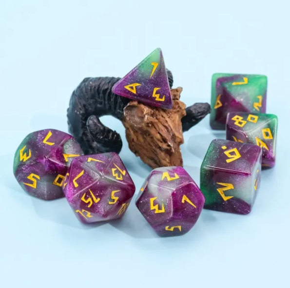 Violet Garden Dice 7-Dice Set | Purple and Green Acrylic Glitter Primitive Font