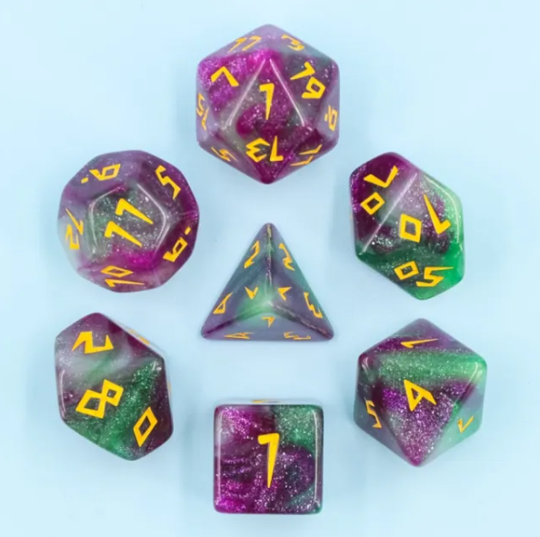 Violet Garden Dice 7-Dice Set | Purple and Green Acrylic Glitter Primitive Font